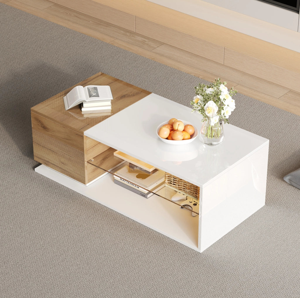 Tavolino da salotto LED con vano contenitore 105x50x36 cm in truciolare e vetro temperato; bianco e rovere