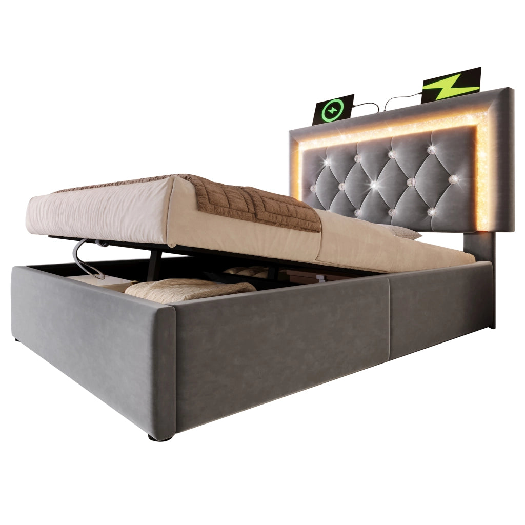 Letto imbottito idraulico con luci LED e porta USB 90x200 cm velluto grigio
