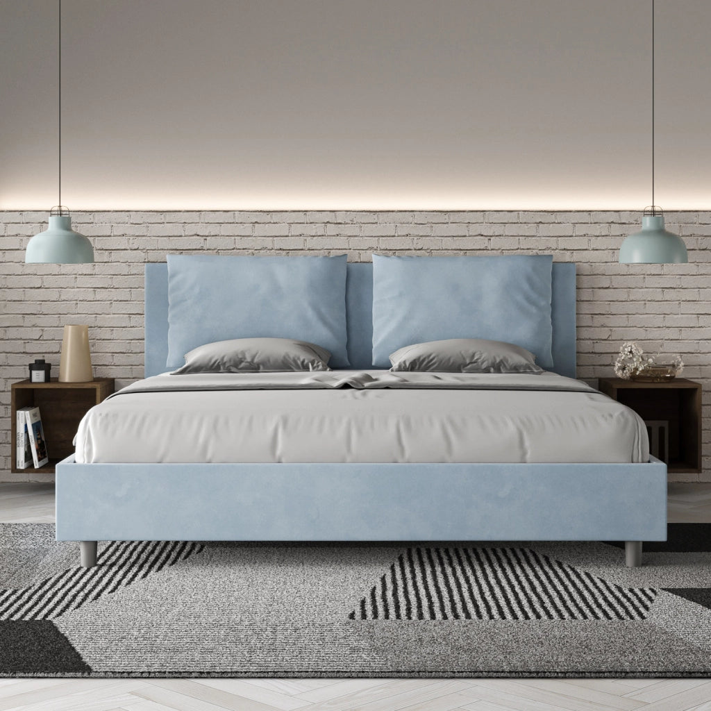 BS COM Letto matrimoniale king size senza rete imbottito 190x190 microfibra azzurro