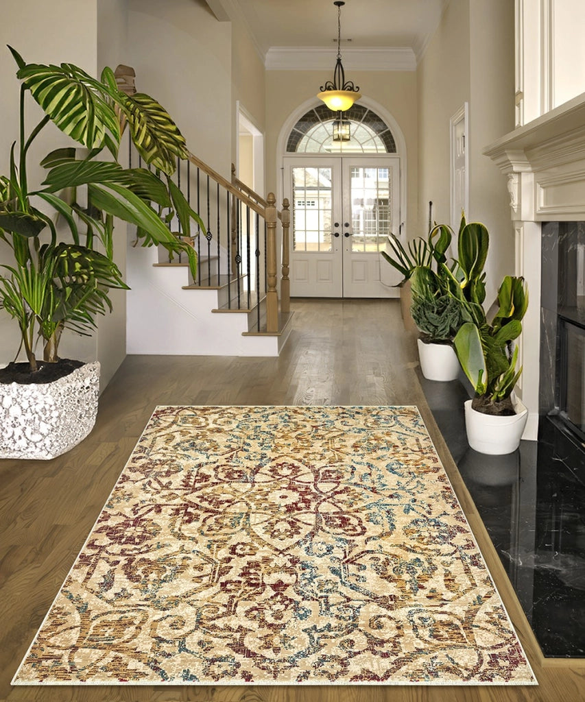 Parure Tappeti KAZAKH 1529 beige e multicolore tris scendiletto (1pz cm.80x150 + 2pz cm.60x120) stile orientale persiano alta qualità con effetto lucente