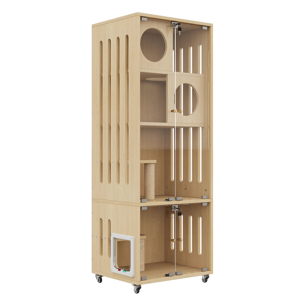 Albero tiragraffi per gatti con ruote e sportello in vetro con serratura per interno in MDF e vetro naturale 60×50×156 cm