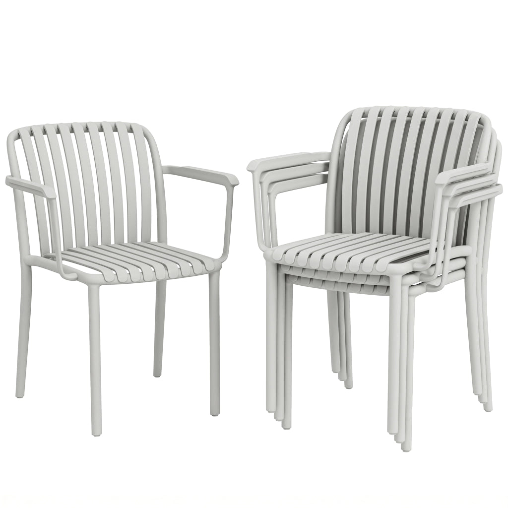 Set di 4 Sedie da Giardino Impilabili con Braccioli. Design a Doghe in Plastica. Grigio