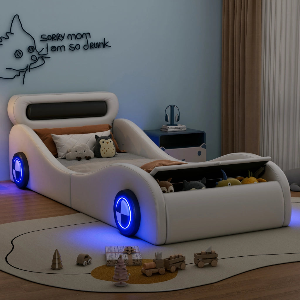 Letto Auto Imbottito per Bambini con Ruote LED e Contenitore ¨C MINIMAL ¨C PU Bianco 90x200