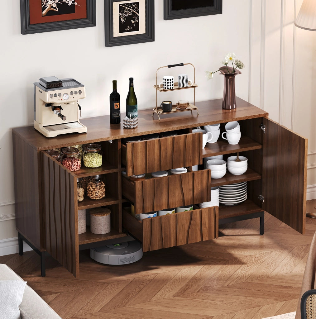 Credenza 150 cm in MDF e PB; con 3 cassetti e ripiani regolabili; marrone scuro