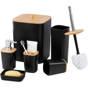 Trade Shop - Set Accessori Bagno In Bambù 6 Pz Moderno Bidone Spazzatura Portasapone Dispenser - Nero