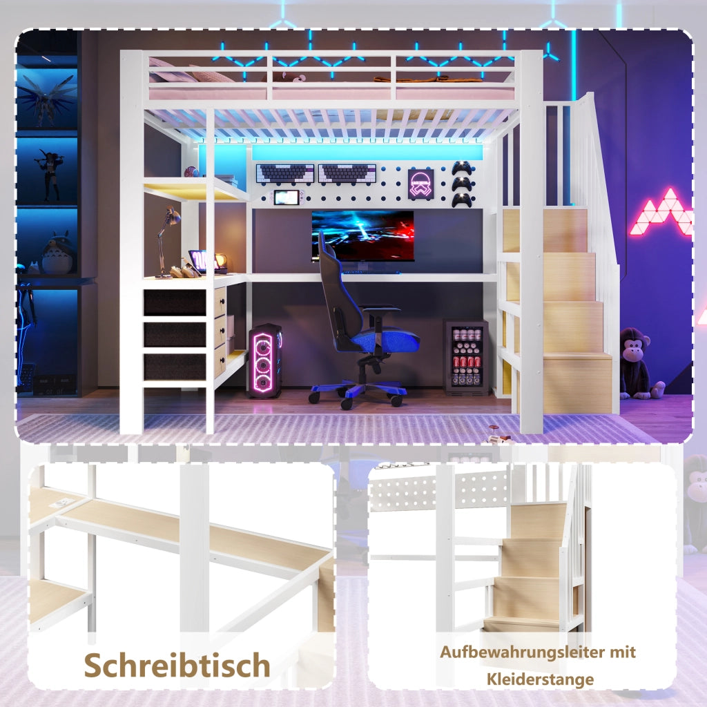 DESMIU Lit mezzanino 140 × 200 cm 1 posto con 3 cassetti, LED regolabile, presa, senza materasso, in MDF e metallo, bianco