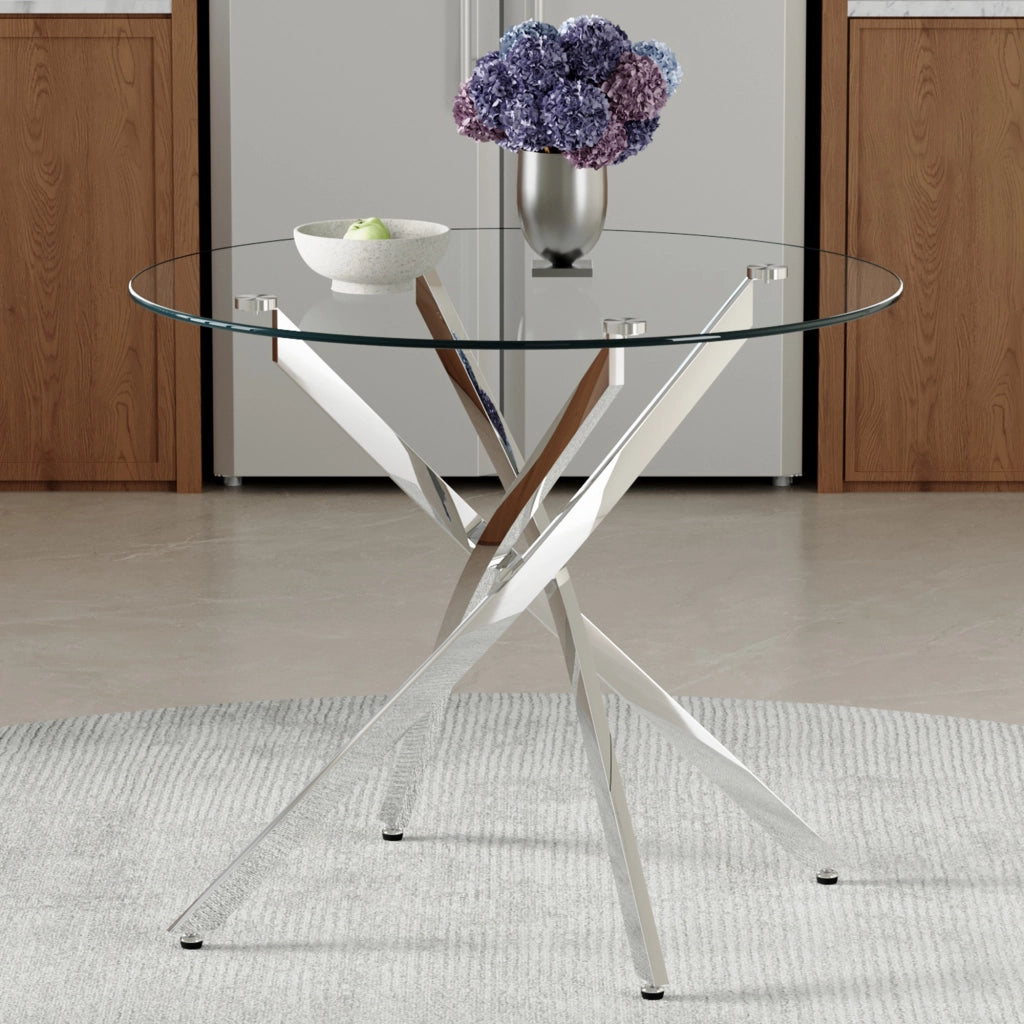 Tavolo da pranzo per 2-4 persone con piano rotondo in vetro temperato e struttura in metallo per cucina 88 cm argento