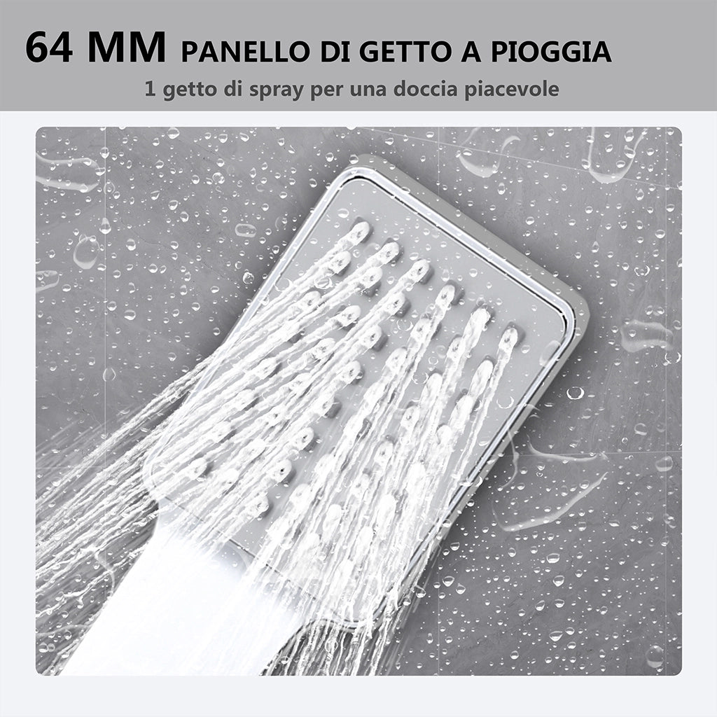 Kit doccia con miscelatore termostatico, soffione quadrato 25x25cm, doccetta quadrata 22x6.4cm, colonna doccia regolabile 73-115cm, cromo