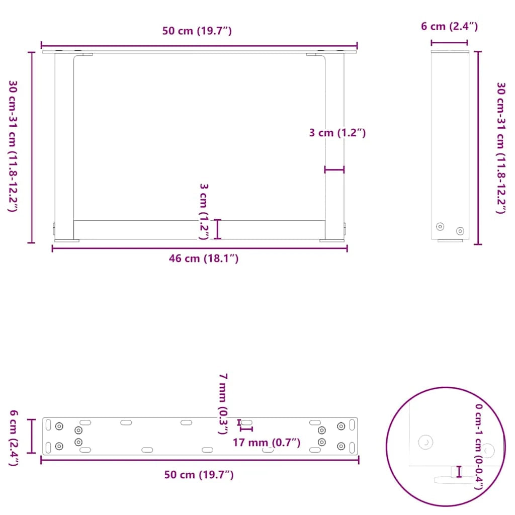 Set di 2 gambe per tavolino da caffè dal design moderno a forma di U 50 x 30 cm con livelli regolabili in acciaio antracite 02_0057378