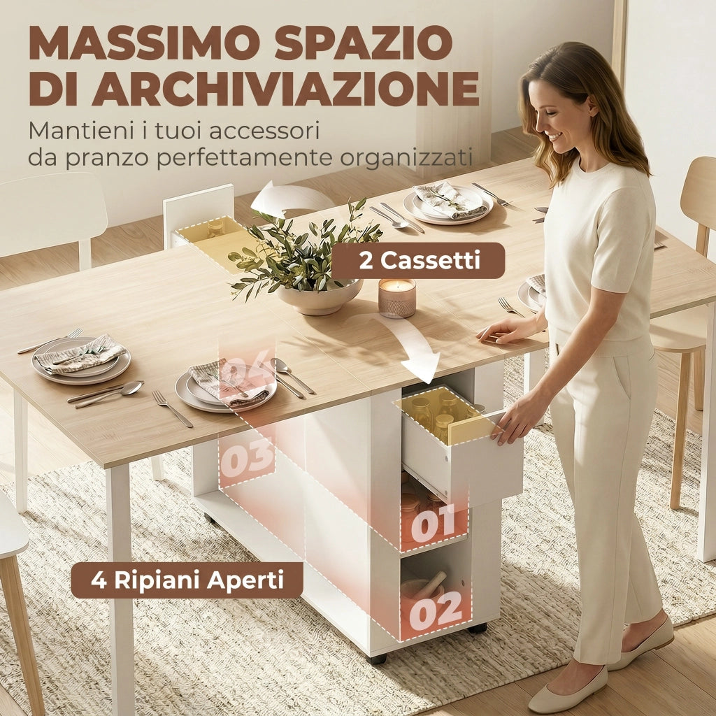 Tavolo Pieghevole per 6 Persone con Cassetti e Ripiani ¨C Minimal ¨C Legno