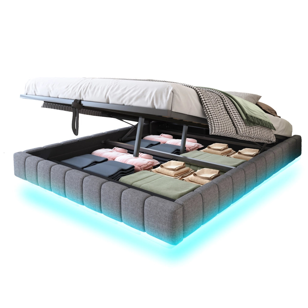 Letto matrimoniale imbottito fluttuante senza testiera; LED e contenitore a gas; lino grigio; 180x200 cm; senza materasso