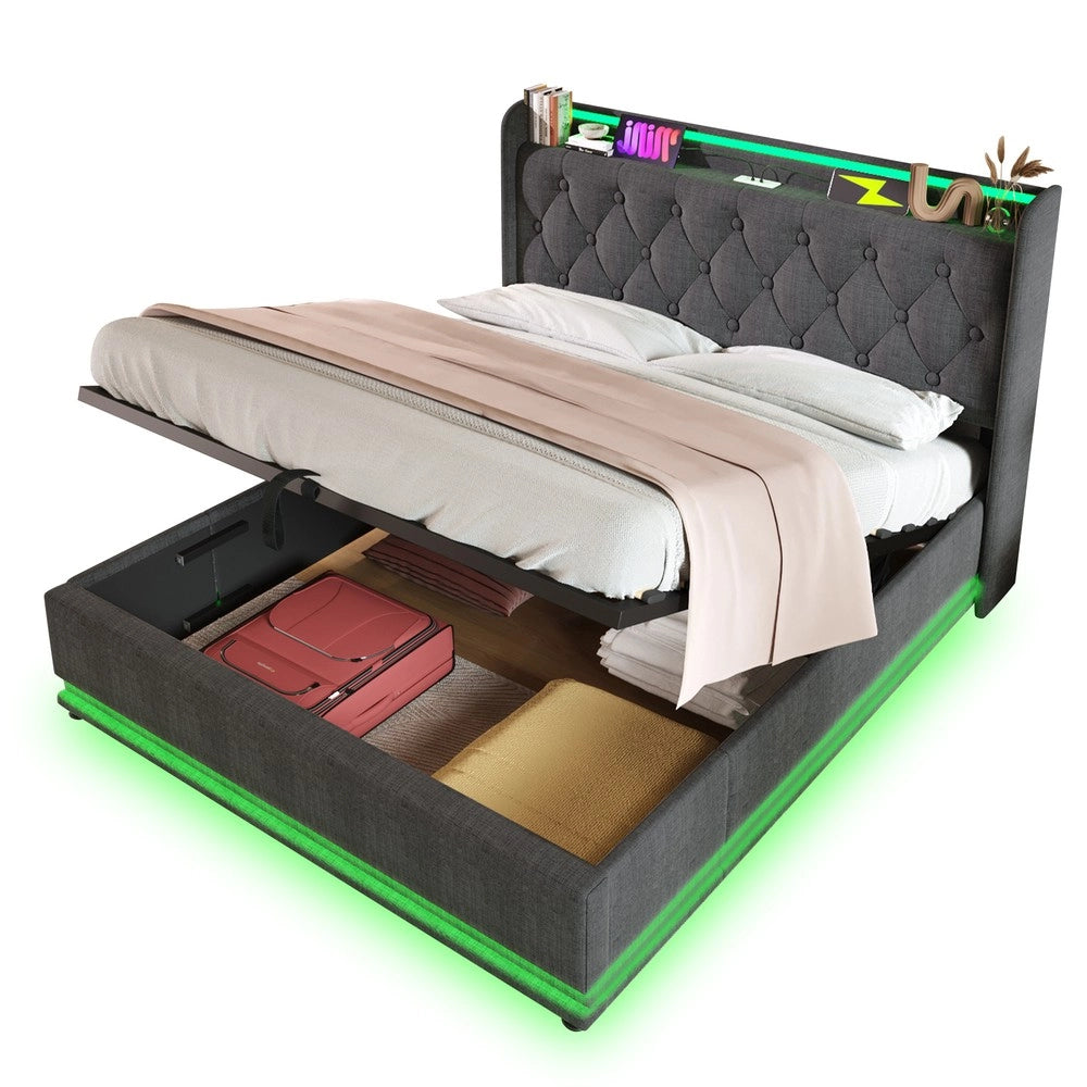 Letto Imbottito Contenitore 180x200 con LED e Testiera ¨C MINIMAL ¨C Grigio, Idraulico, USB