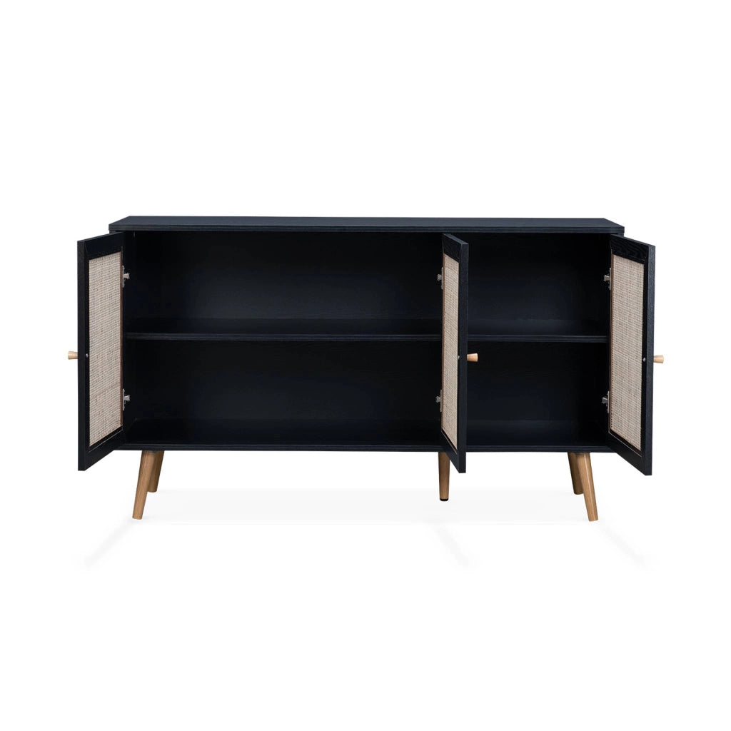 Credenza 3 ante in cannage, 120 cm, nero