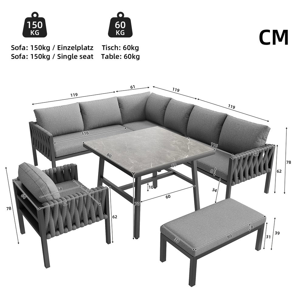 Set da giardino in ferro zincato - Zephmum - Gambe regolabili, divano angolare, piano in vetro temperato, cuscini inclusi, grigio