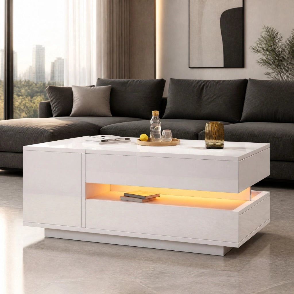 Tavolino da salotto alzabile con LED; cassetto e vano contenitore 90x50x34;5 cm in truciolare bianco
