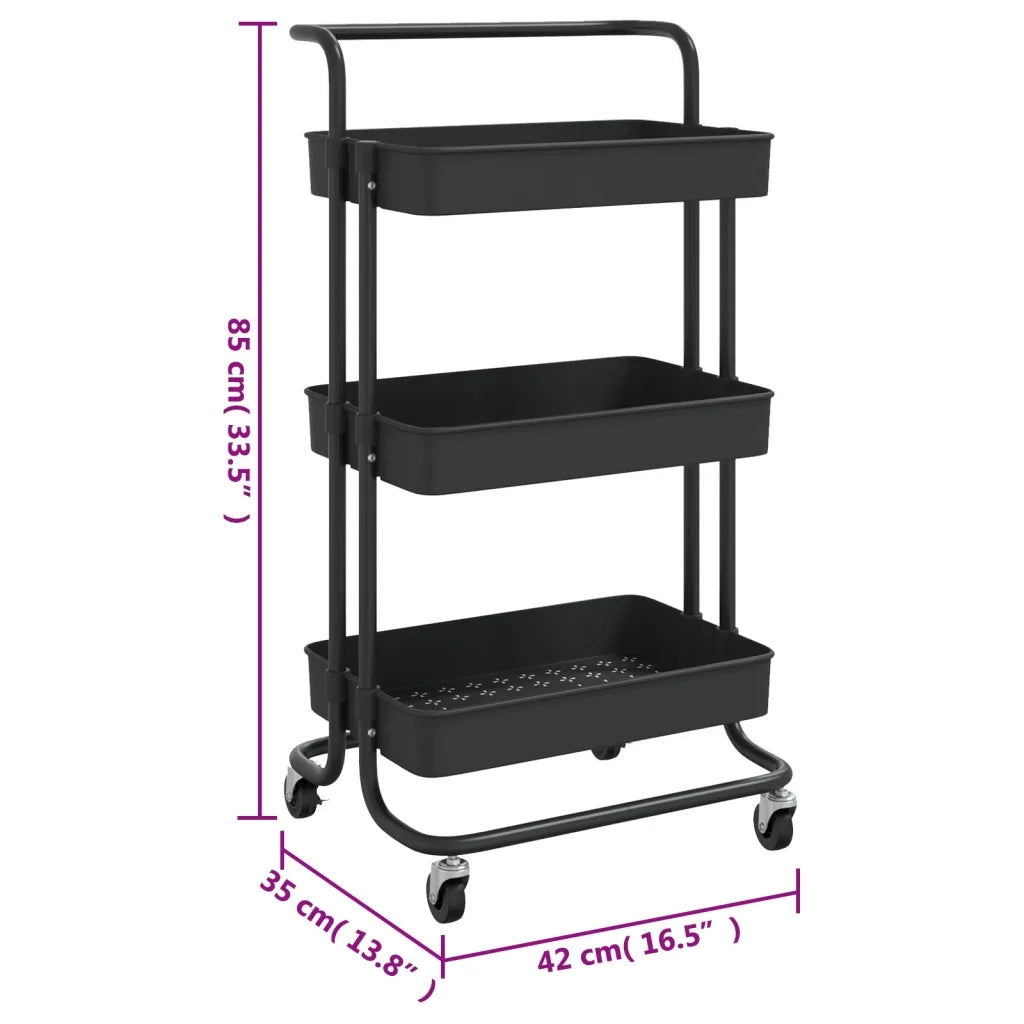 Carrello da Cucina 3 Ripiani Nero 42x35x85 cm Ferro e ABS CFW5200519