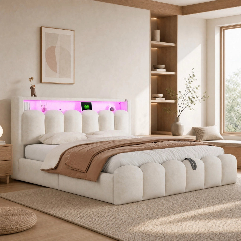 LETTO 180x200 cm in velluto beige con LED, USB-C e vano contenitore