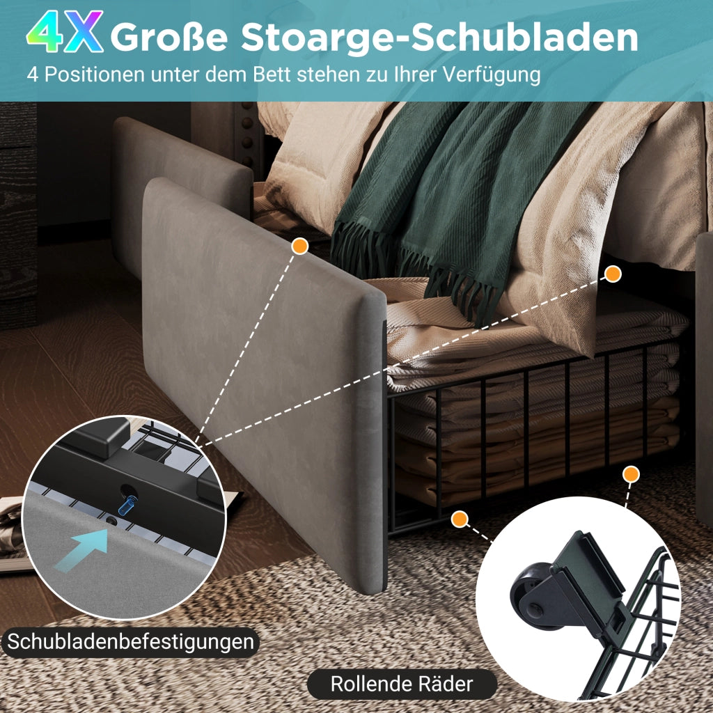 OKWISH Letto con Cassetti 140×200 cm, Letto Matrimoniale con 4 Cassetti, LED Regolabile e USB e Tipo C, senza Materasso, in Velluto, Grigio