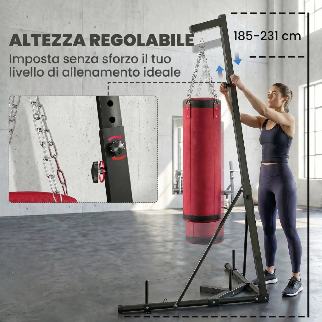 Sacco da Boxe con Supporto Regolabile ¨C Minimal ¨C Acciaio e Tela, 175x91x185-231 cm, Rosso