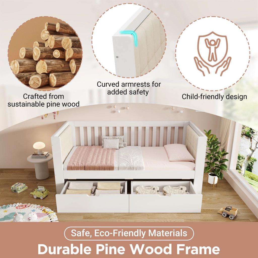 DESMIU Divano letto 90 × 190 cm 1 piazza con 2 cassetti, senza materasso, in legno, bianco