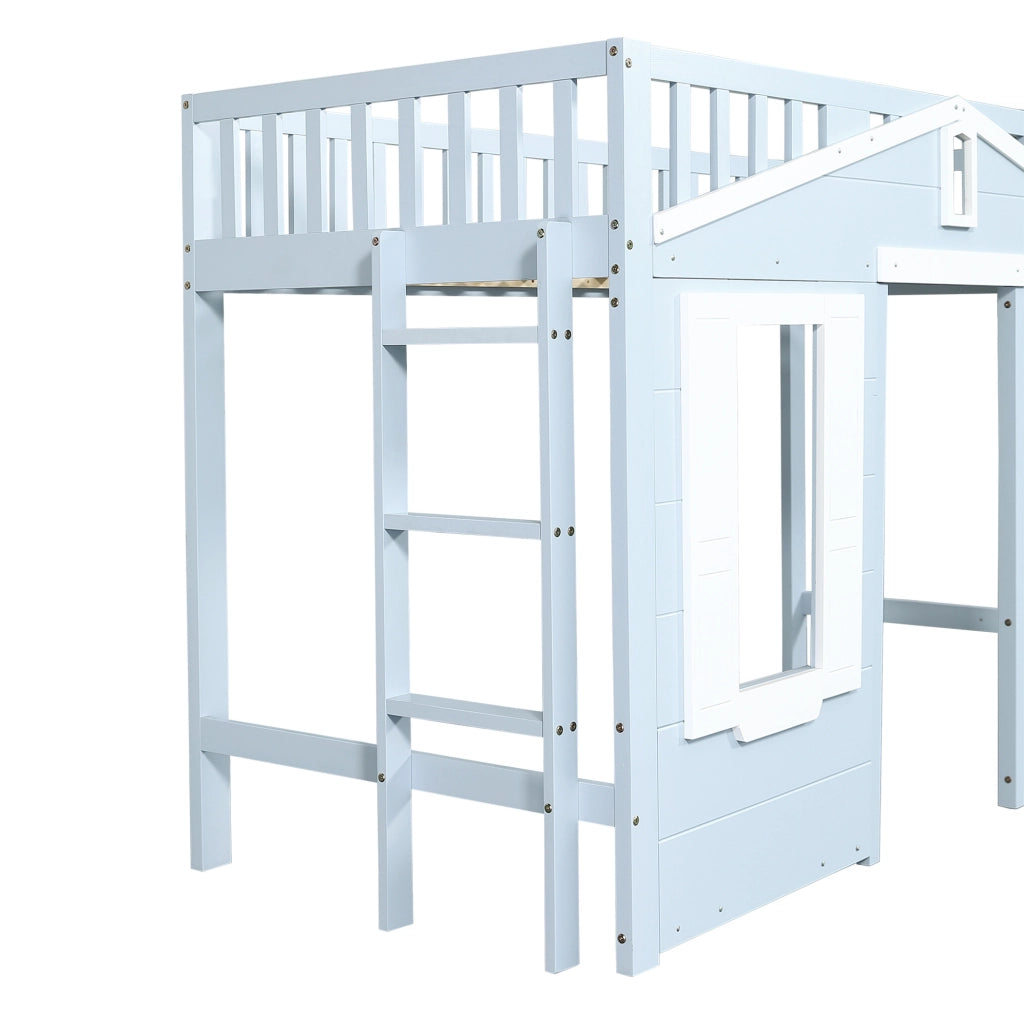 Letto a soppalco per bambini 90x200 cm bianco e blu con scala reversibile