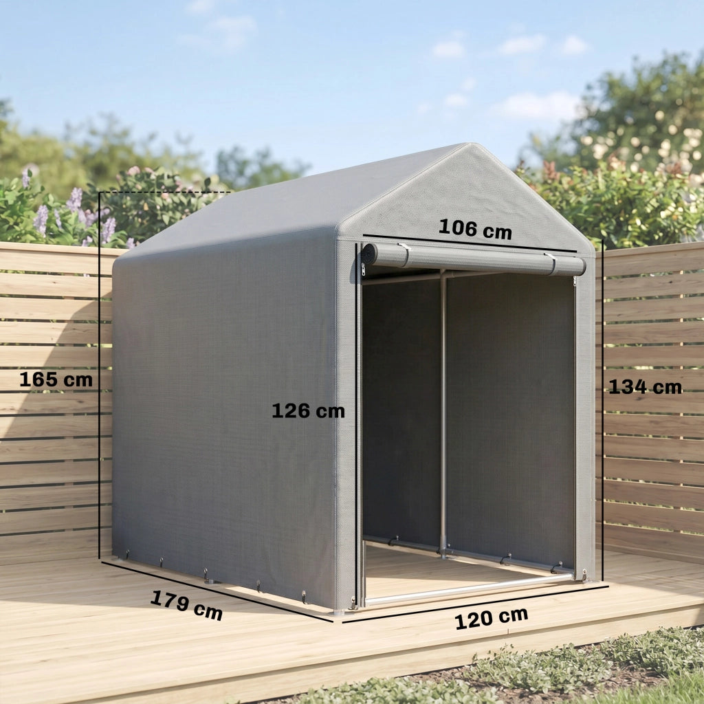 Capanno Attrezzi Tenda Garage con Copertura Anti UV e Telaio in Metallo, 120x179x165cm, Grigio Chiaro
