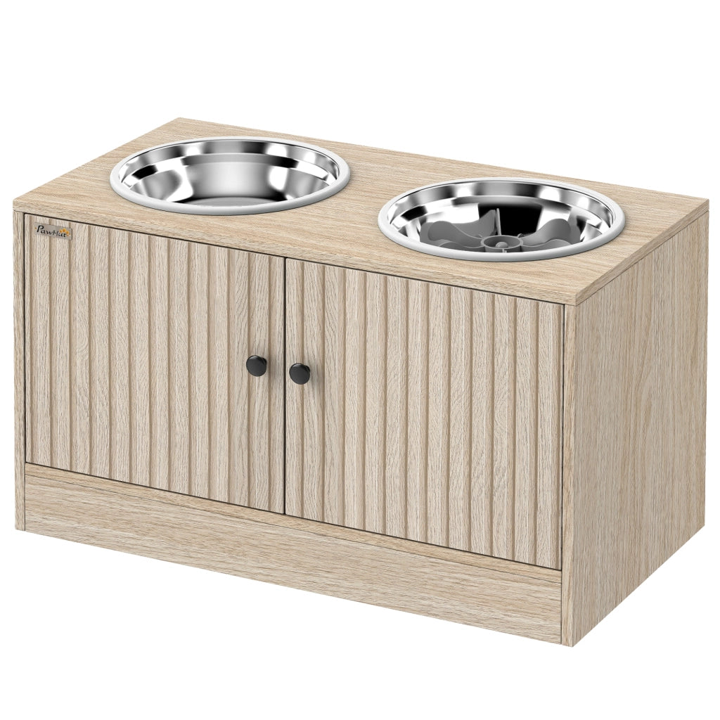 Contenitore per Cibo Cani con 2 Ciotole in Acciaio ¨C Minimal ¨C 60x30x35,5 cm Quercia