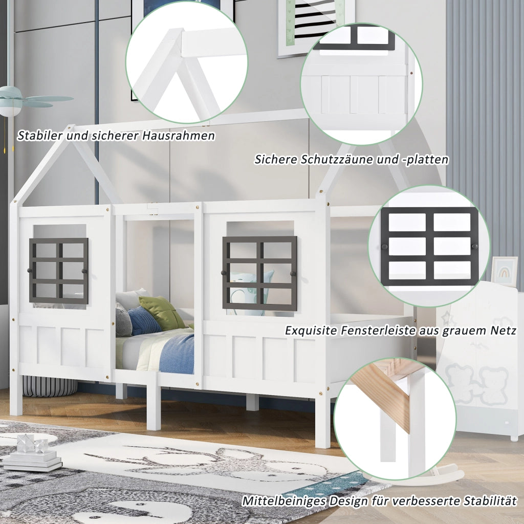 Letto Casetta 200x90 cm; Letto Singolo - 2 Finestre e Sponde - in Legno Massello - Bianco