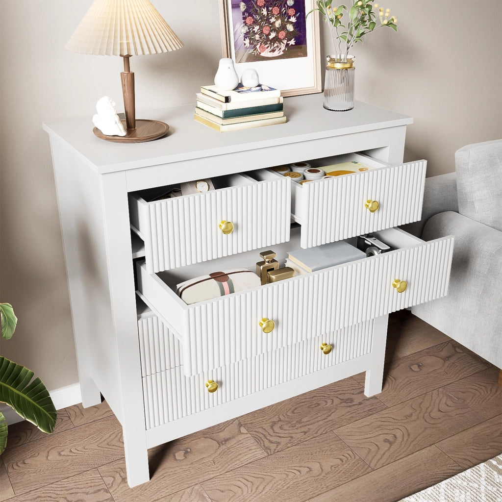 COMÒ 5 cassetti 79x80,5x39,5 cm bianco con maniglie dorate