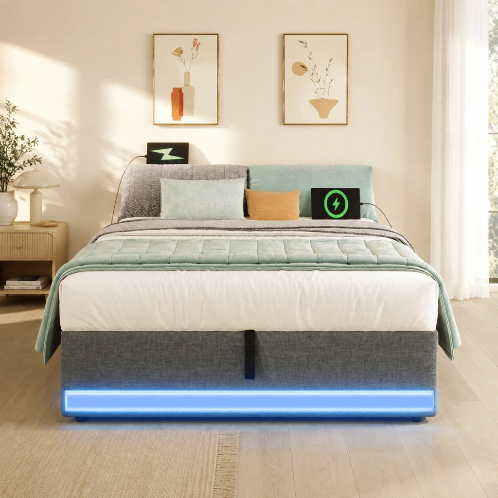 LETTO contenitore 90x200 cm in lino grigio con LED, USB e Type-C