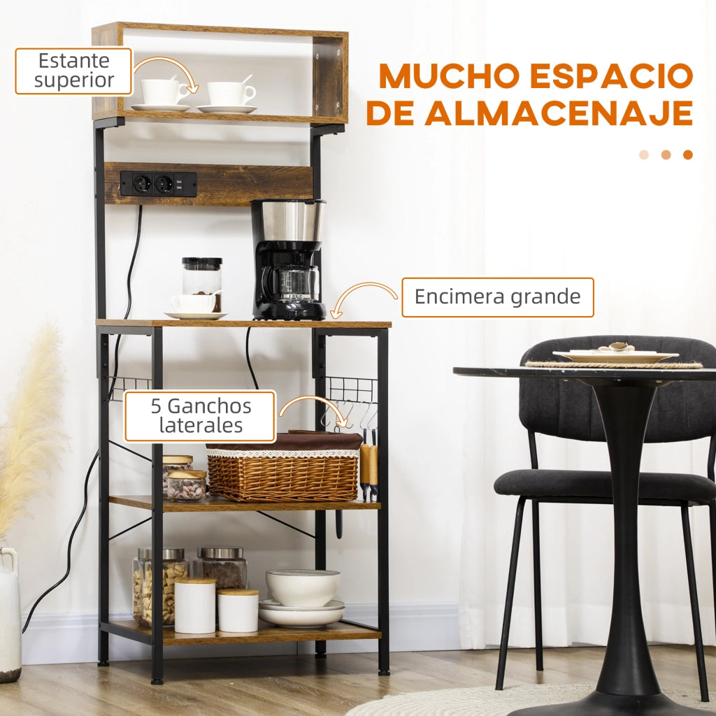 Mensola per microonde con 2 prese USB e 5 ganci ¨C zephmum ¨C 60x42x153 cm marrone