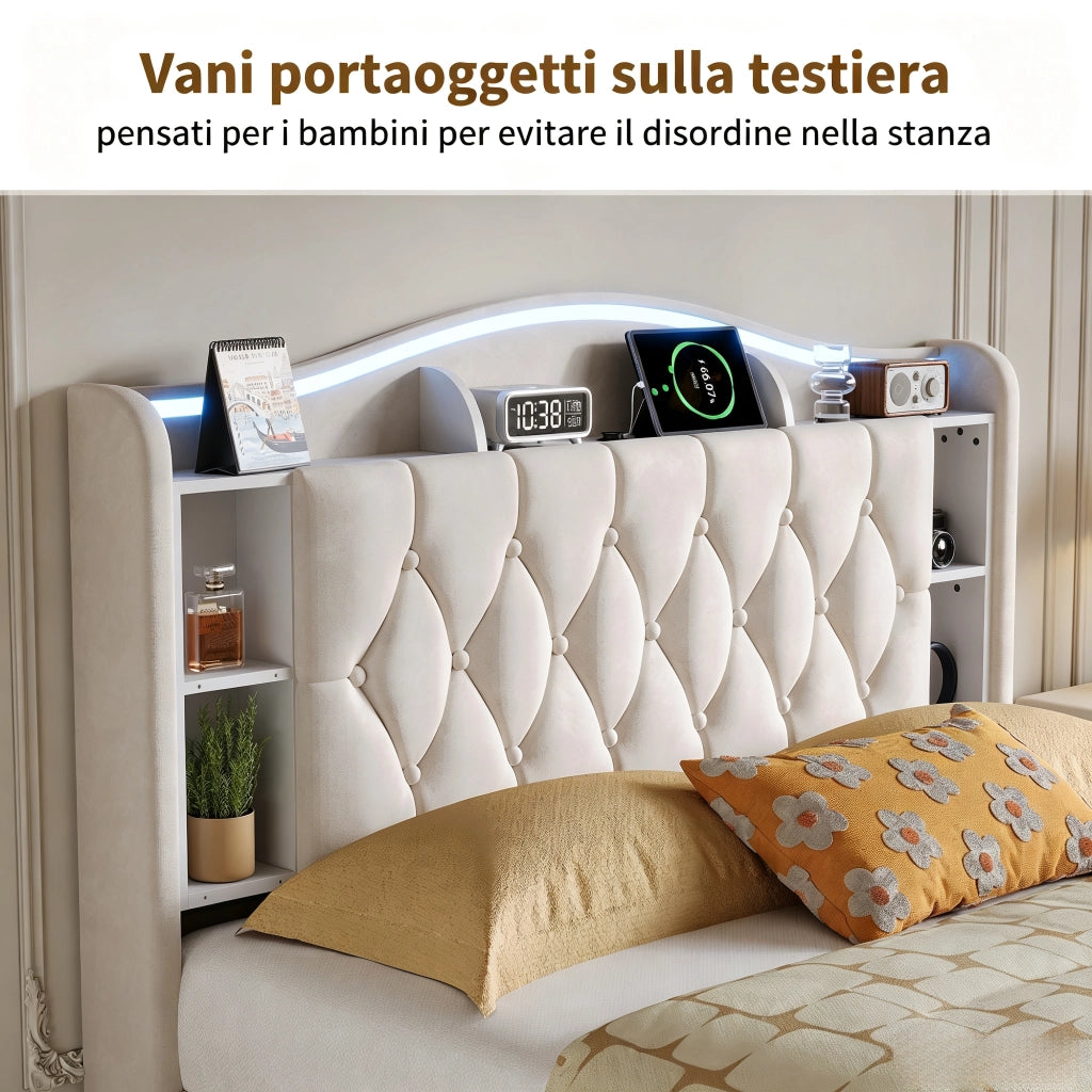 Letto una piazza e mezza 140x200 cm con contenitore LED RGB USB testiera rete a doghe velluto metallo legno - beige