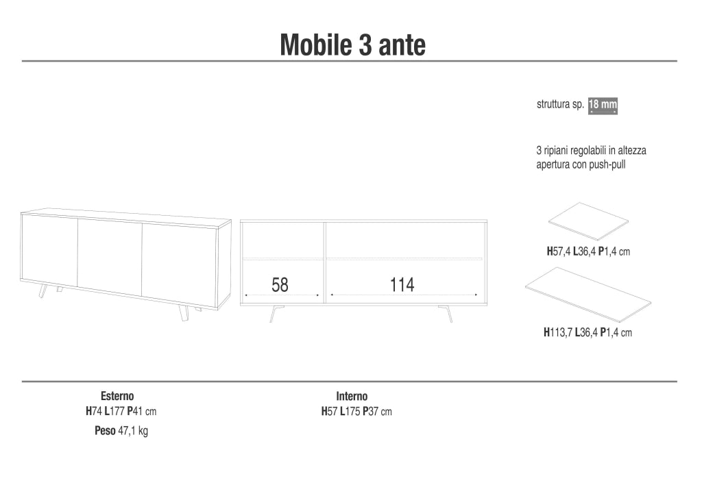 Buffet 3 ante VELBRUK cemento/bianco lucido