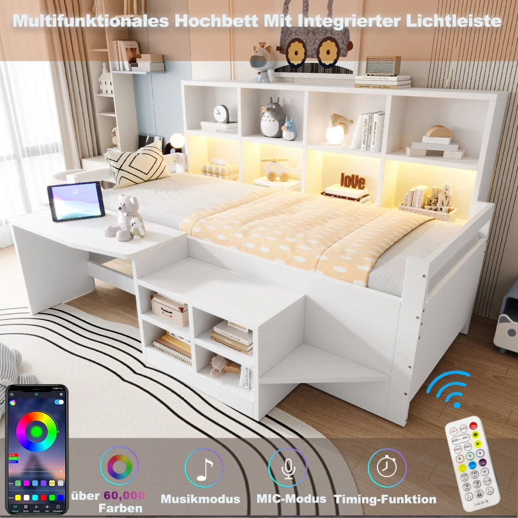 DESMIU Lit mezzanine 90 × 200 cm 1 posto con scrivania, vani contenitore, LED, USB e presa, senza materasso, bianco