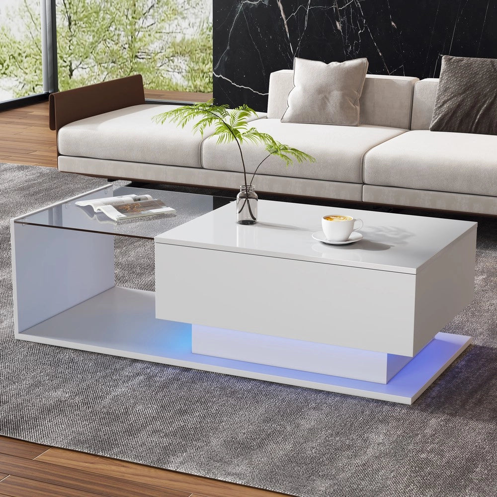 Tavolino da Caff¨¨ con Piano in Vetro e Cassetto, LED ¨C MINIMAL ¨C Bianco Lucido 100x50x32