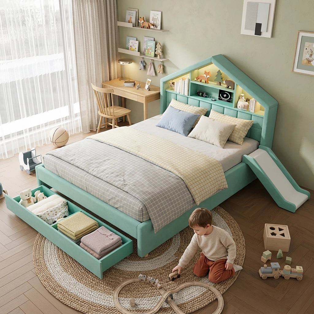 letto per bambini velluto blu verde 140x200 cm