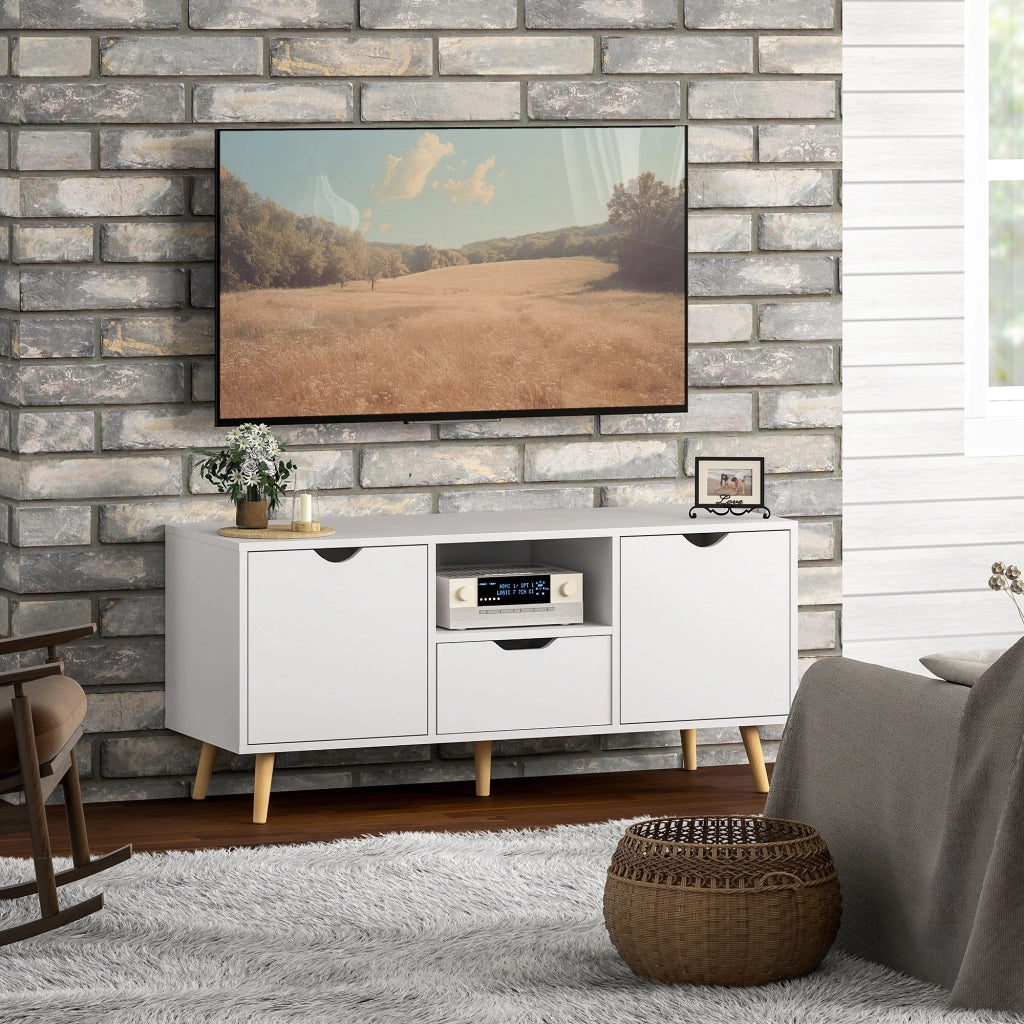 Mobile TV con Cassetto, Ripiani Aperti e Armadietti ¨C zephmum ¨C 110x40x50 cm, Bianco e Legno