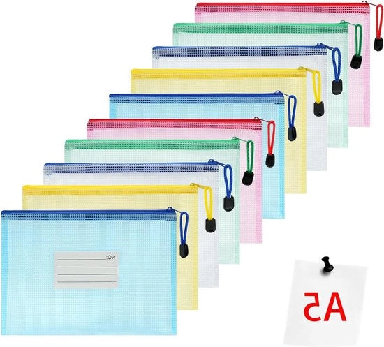 Set di Cartucce PVC con Chiusura Zip per Documenti A5 - 10 pezzi - Organizzazione di Archivi - Borse con Etichetta per Prodotti di Bellezza, Attrezzature di Ufficio e Accessori di Viaggio