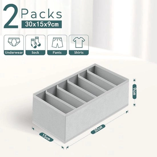 Organizzatore per Intimo e Abbigliamento - 6 Compartimenti - Grigio Chiaro - Set da 2