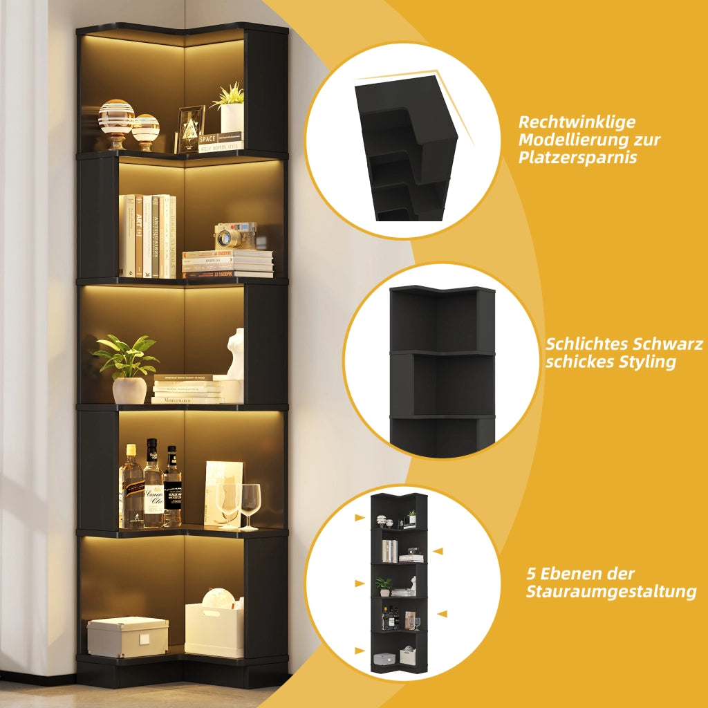 LIBRERIA angolare a L 63,5x45x175 cm in MDF nera con LED RGB