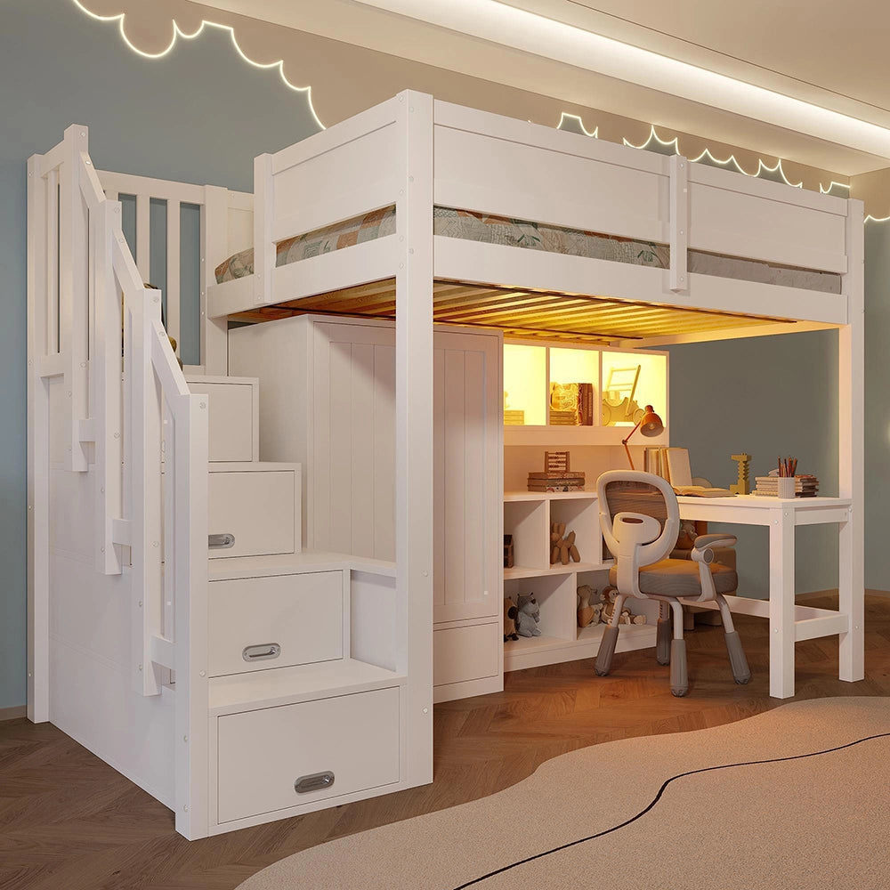 Letto mezzanino 90x200cm?- Xylo - scrivania armadio LED bianco