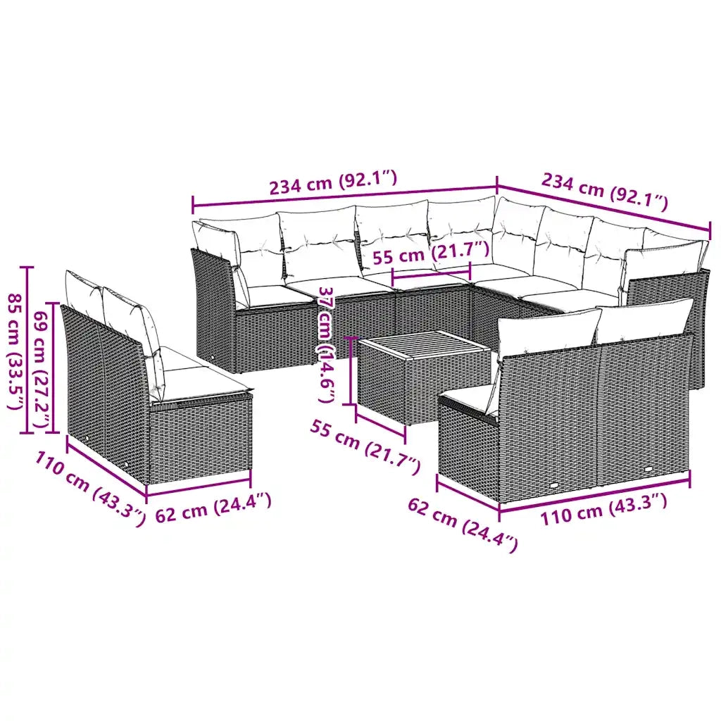 Set Divani da Giardino 12 pz con Cuscini Grigio in Polyrattan 3256040