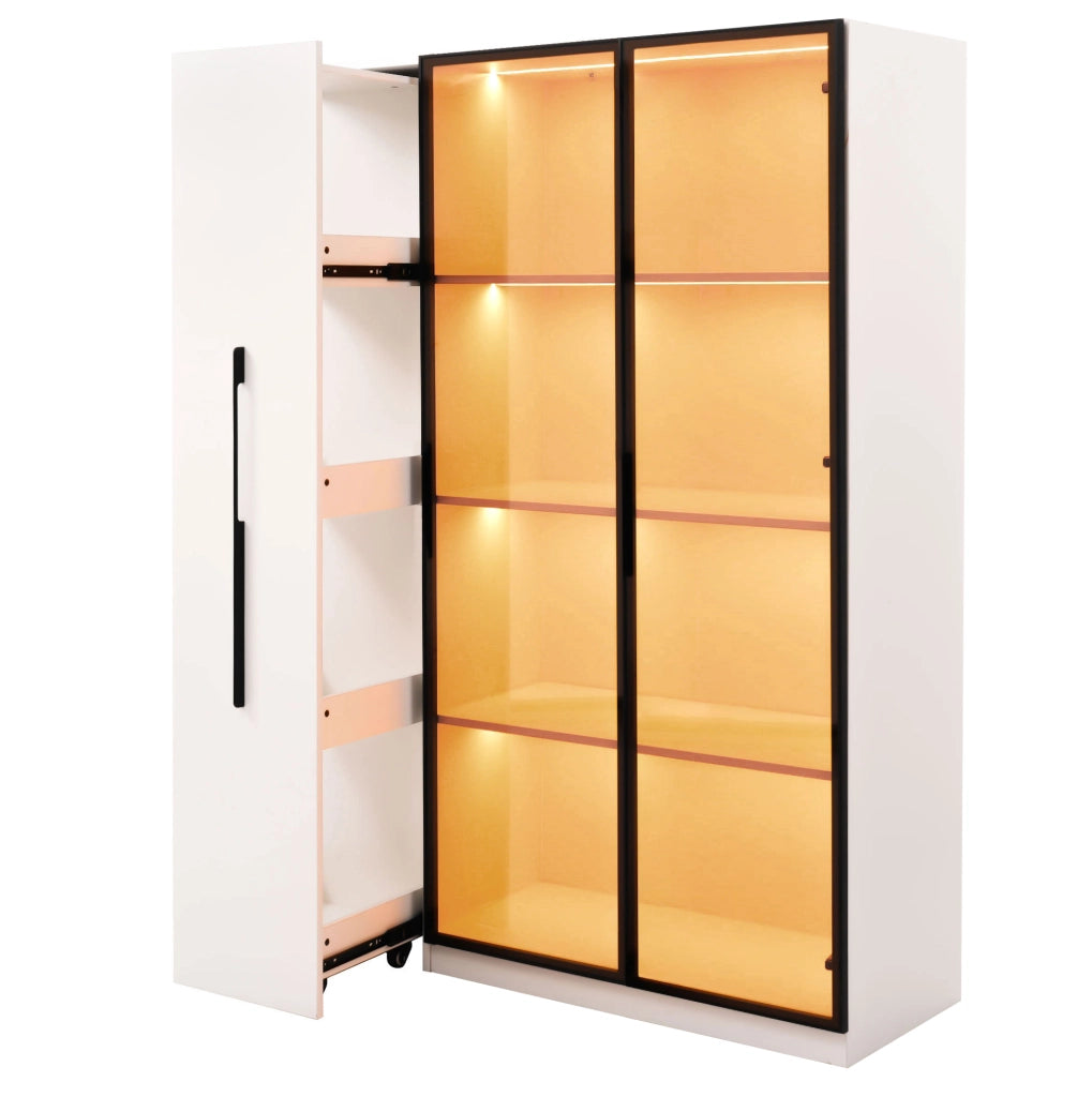Vetrina 110.5x35x160 cm con LED integrato e vano laterale estraibile in MDF bianco