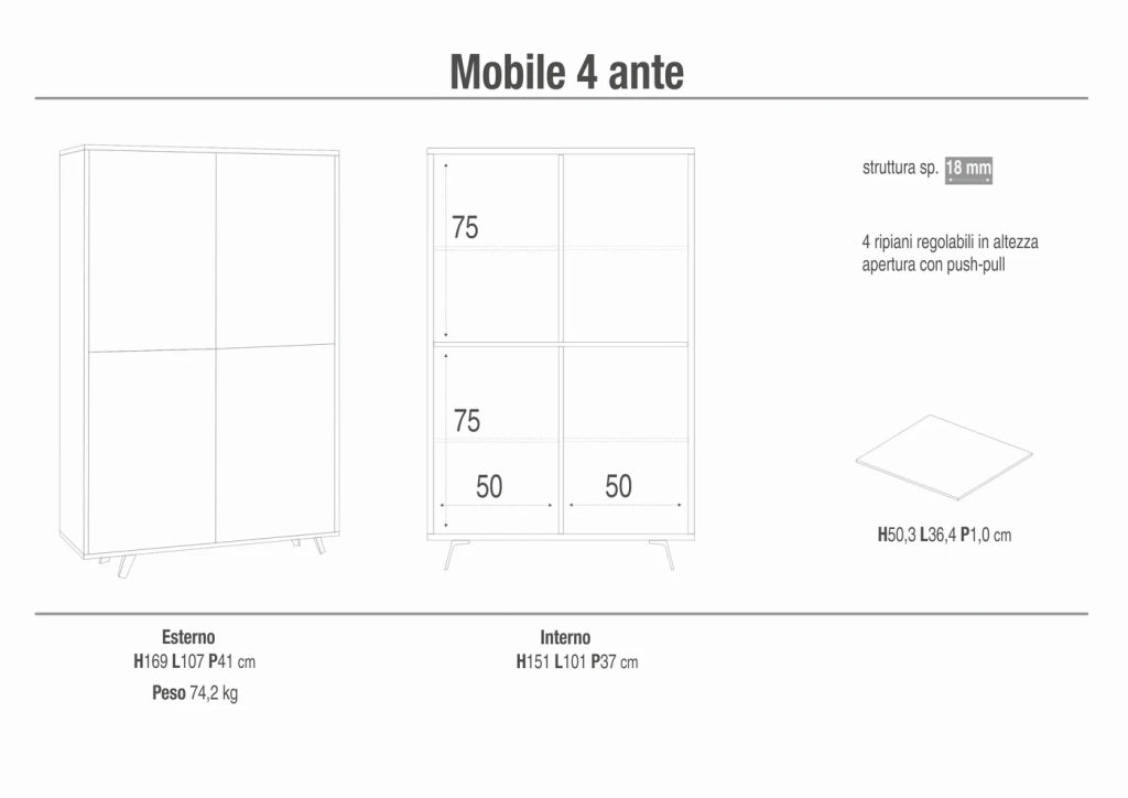Armadio mobile 4 ante con apertura push-pull 107x41x169h cm in kit colore Ossido bianco