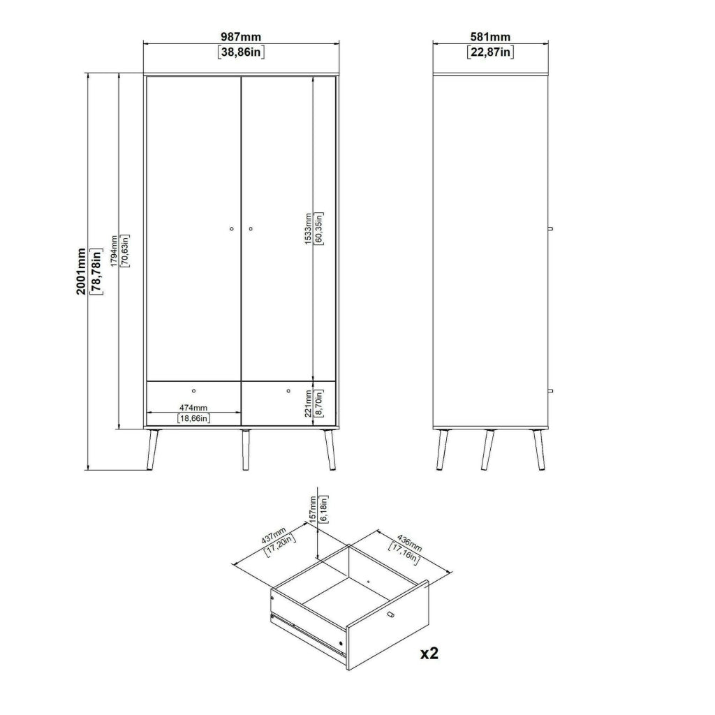 Guardaroba 2 ante Kahina, Mobile camera da letto, Cabina armadio portabiti, Armadio appendiabiti, 99x58 h200 cm, Grigio