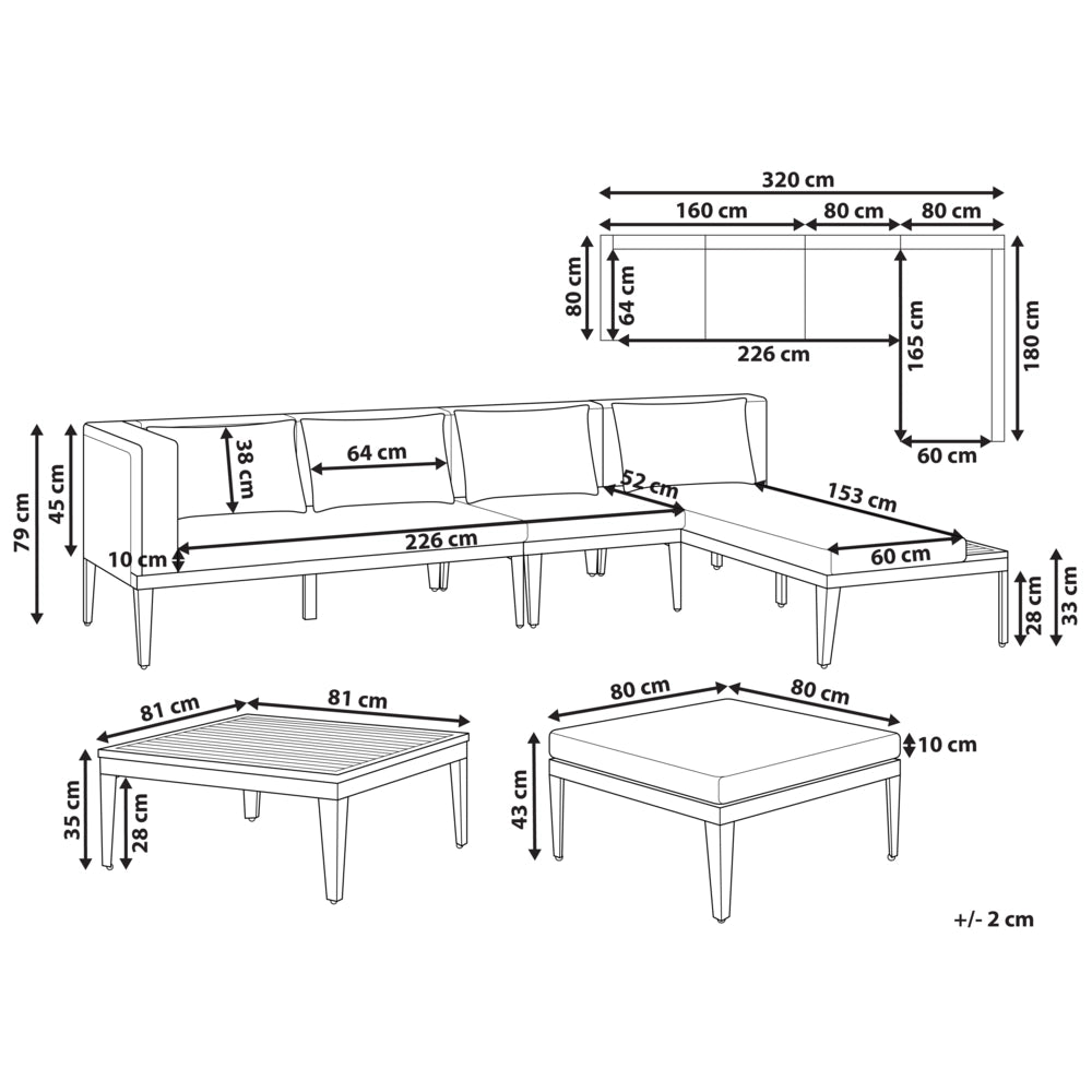 Set da giardino divano angolare 4 posti in legno di acacia certificato con tavolino e pouf cuscini beige chiaro lato sinistra
