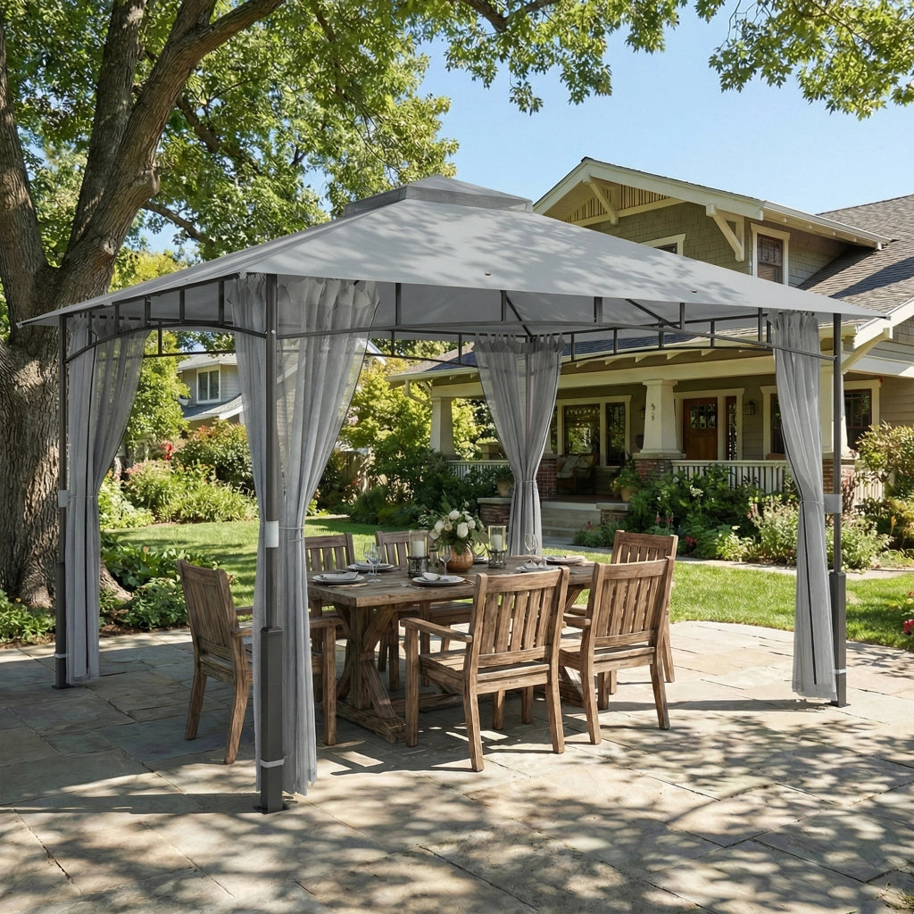 Gazebo da Giardino ¨C Xylo ¨C Doppio Tetto Pareti in Rete UPF50+ Grigio 360x300x275cm