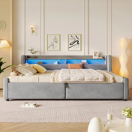 Letto imbottito con contenitore idraulico 140x200 cm LEMONMAX, LED multicolore, salvaspazio per cameretta e ospiti, MDF e tessuto, grigio