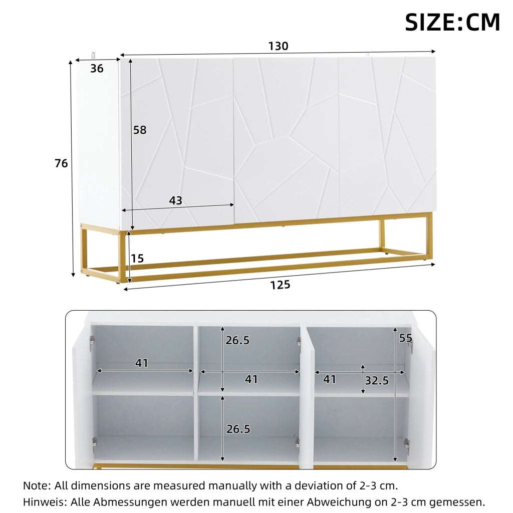 SIDEBOARD 130 cm Bianco/Oro con 3 ante e ripiani regolabili