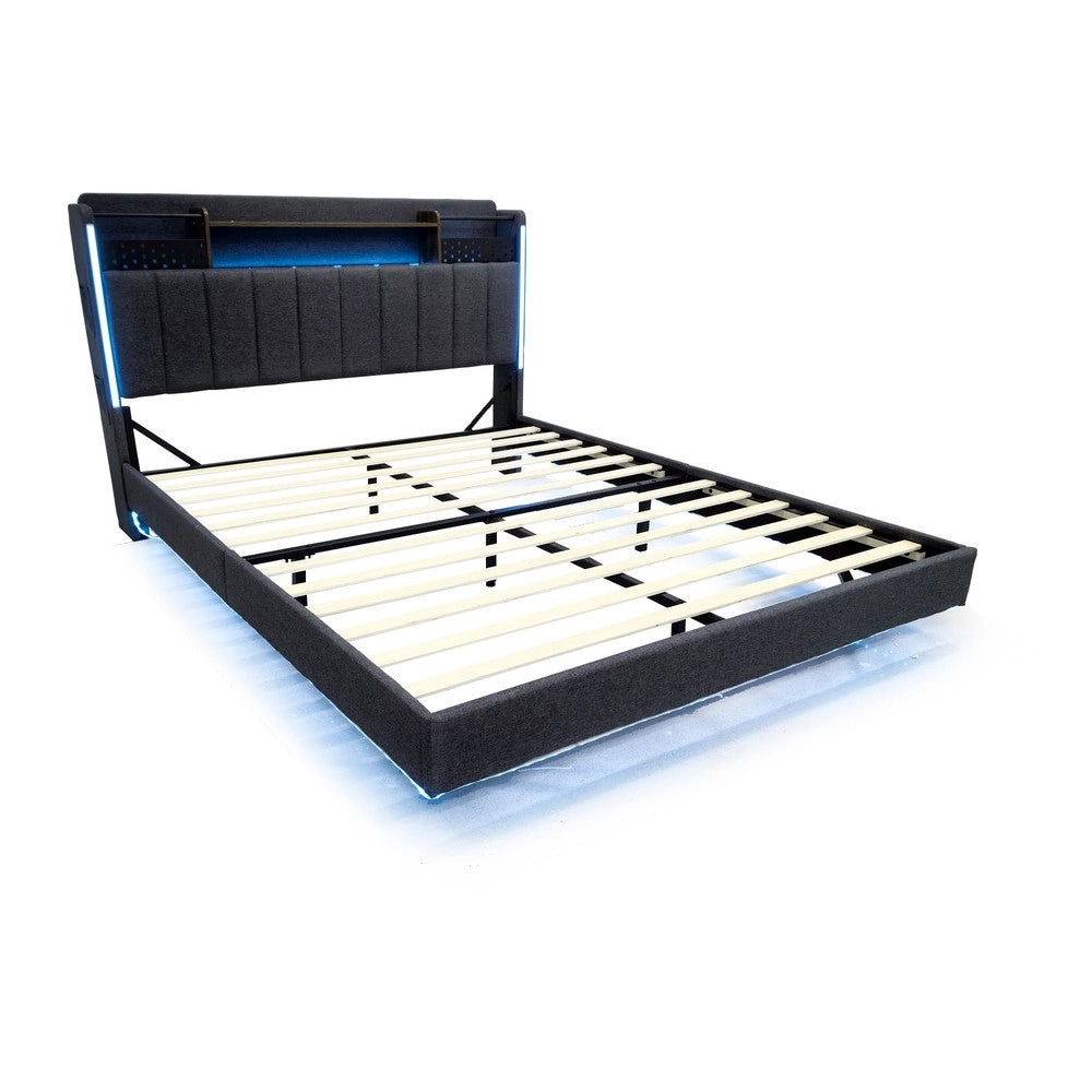 Letto Imbottito con LED e USB ¨C MINIMAL ¨C Tessuto Grigio 140x200 con Contenitore